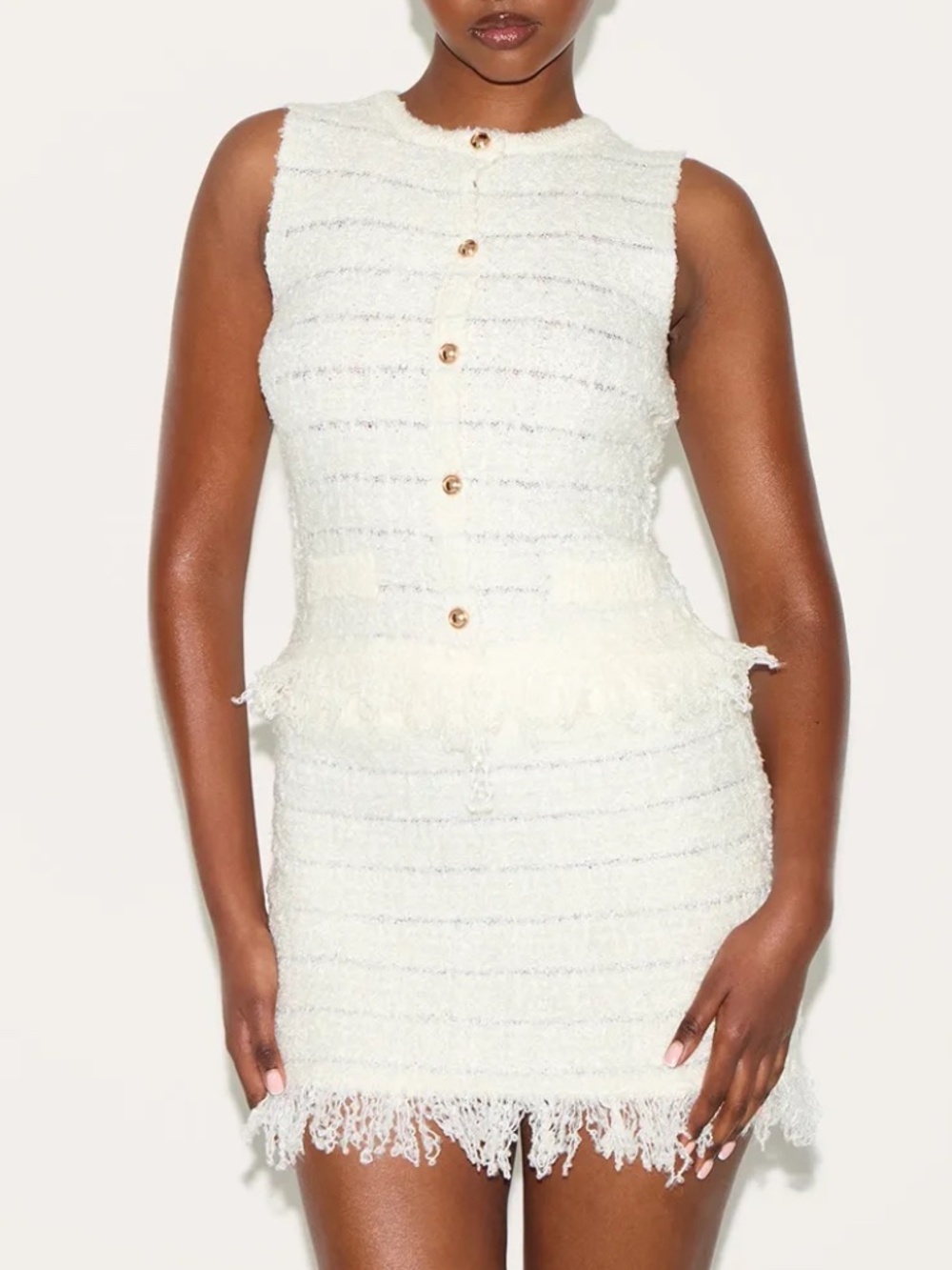 PrettyLittleThing Cream Bouclé Knit Tassel Hem Skirt & Top Set – Size Small
